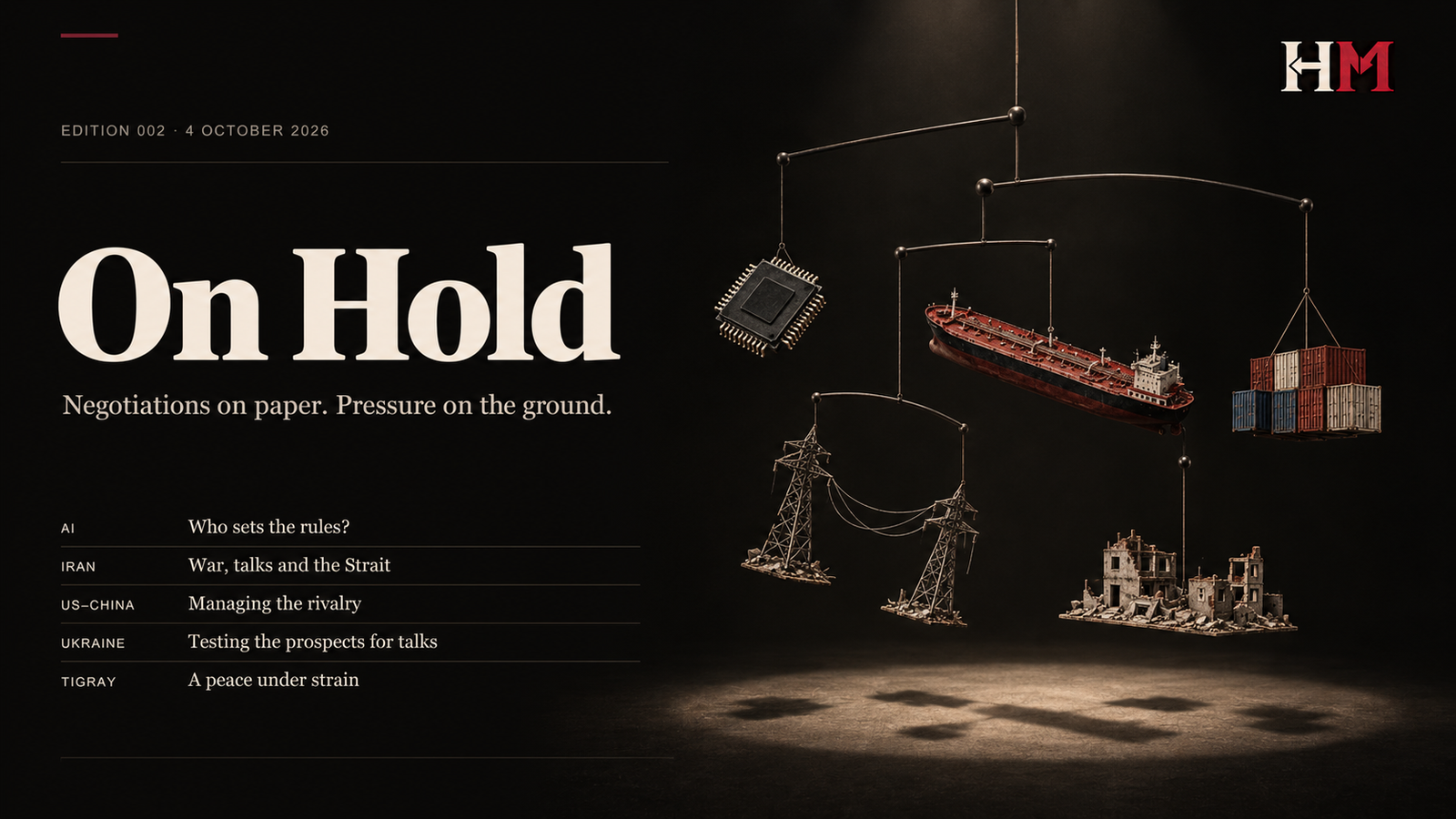 Edition 002 cover, On Hold: a mobile suspended in a spotlight, hanging a microchip, an oil tanker, shipping containers, power pylons and a ruined building
