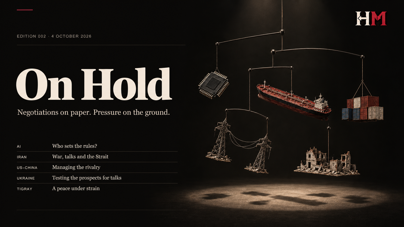 Edition 002 cover, On Hold: a mobile suspended in a spotlight, hanging a microchip, an oil tanker, shipping containers, power pylons and a ruined building