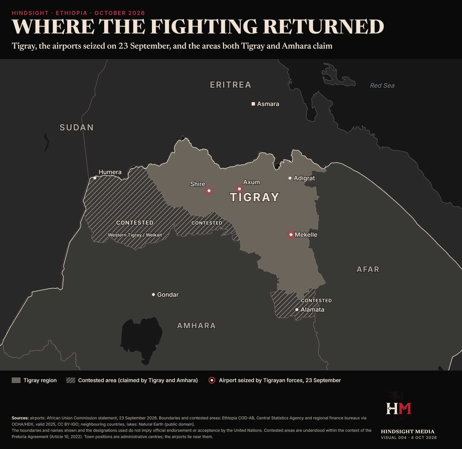 Map of northern Ethiopia showing Tigray, the areas claimed by both Tigray and Amhara, and the airports at Mekelle, Axum and Shire seized on 23 September 2026