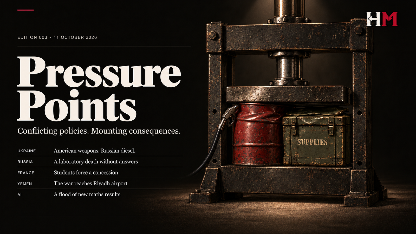 Pressure Points: a steel press compresses a fuel barrel and military supply crate, beside the five Edition 003 chapter titles.