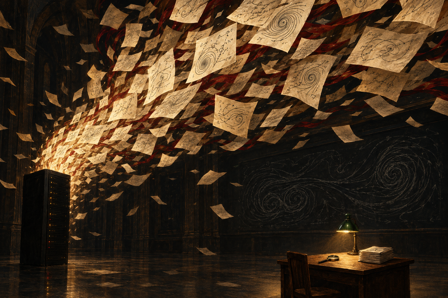 Illustration of glowing pages of mathematics pouring from a computer server towards a small lamp-lit desk with a magnifying glass.