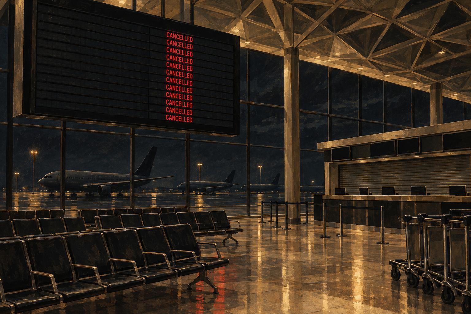 Illustration of a deserted airport departure hall at night, its departures board showing every flight cancelled and grounded airliners outside.