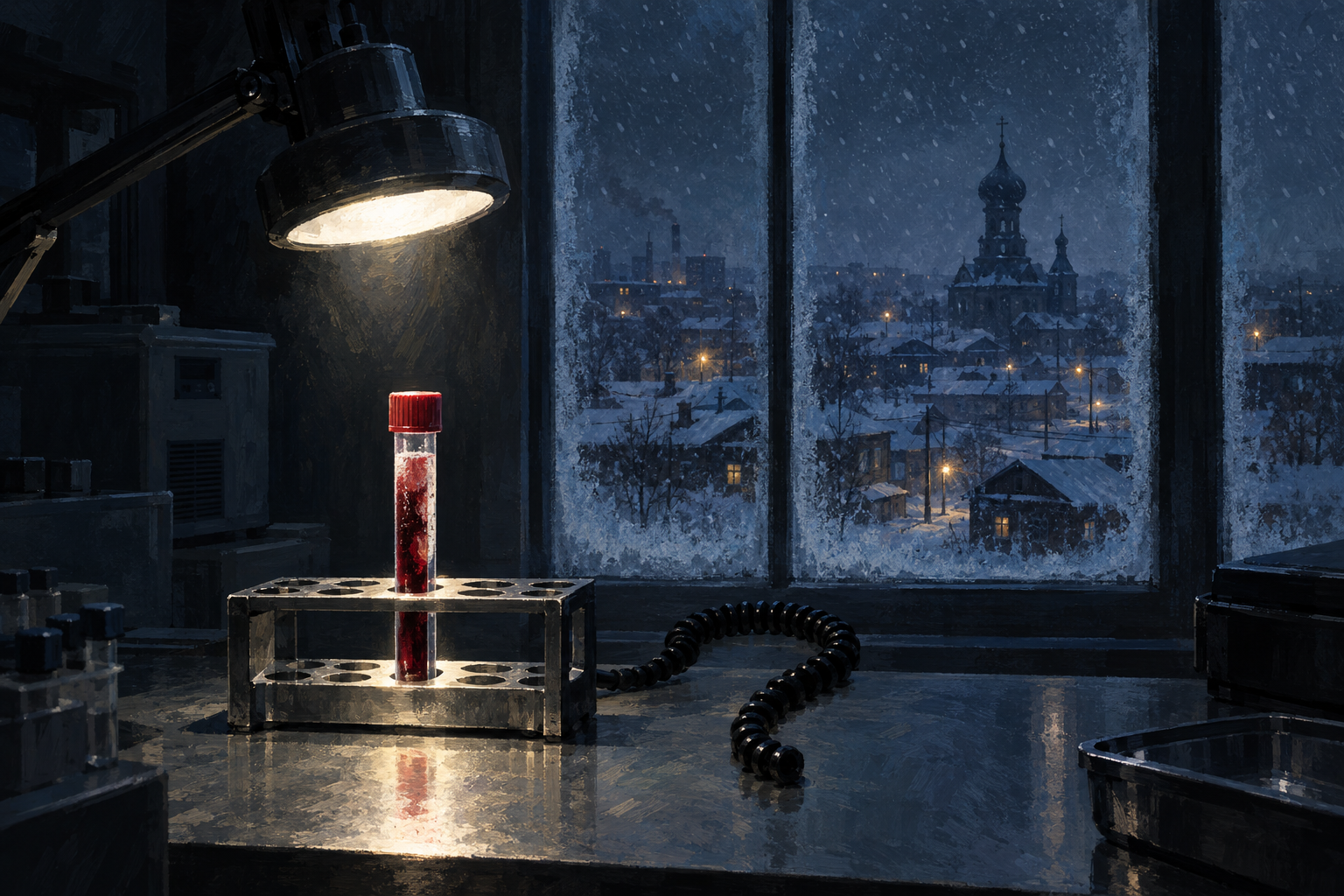 Illustration of a sealed sample tube under a lamp in a dark laboratory, with a snowy Siberian city visible through the window.