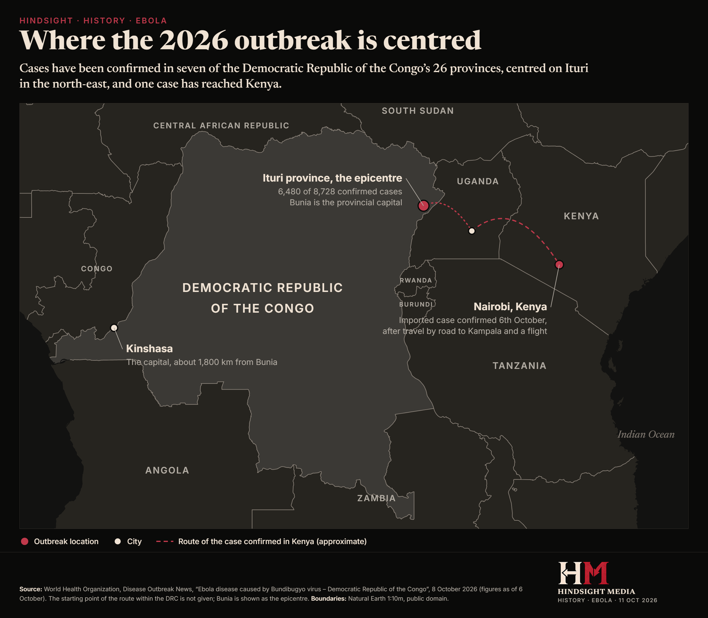Map of the Democratic Republic of the Congo and its neighbours marking Ituri province in the north-east as the epicentre of the 2026 outbreak, and the route of a case that travelled by road to Kampala and flew to Nairobi.