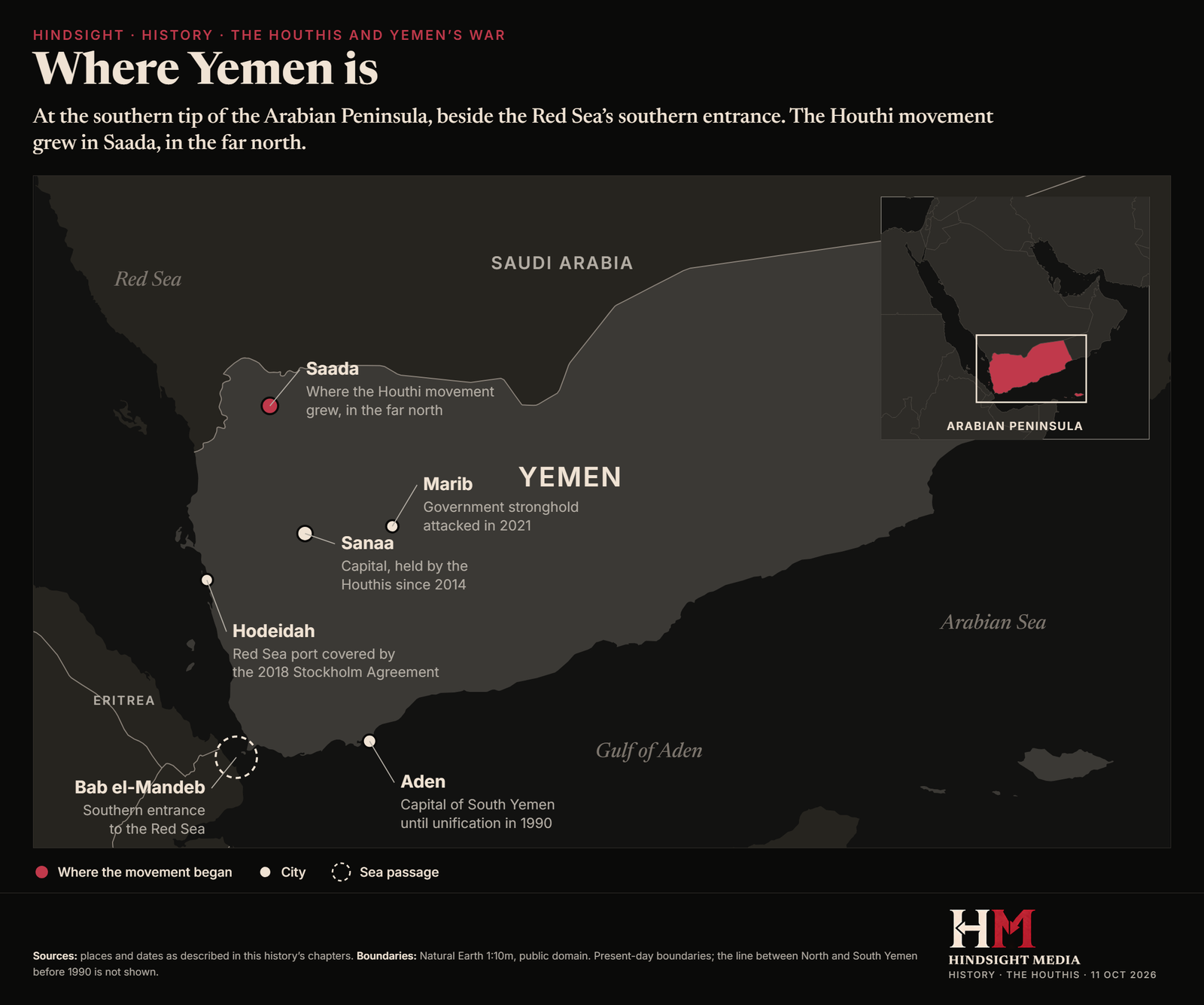 Map of Yemen marking Saada in the far north, the capital Sanaa, Marib, the Red Sea port of Hodeidah, Aden in the south and the Bab el-Mandeb strait, with an inset showing Yemen at the southern tip of the Arabian Peninsula.