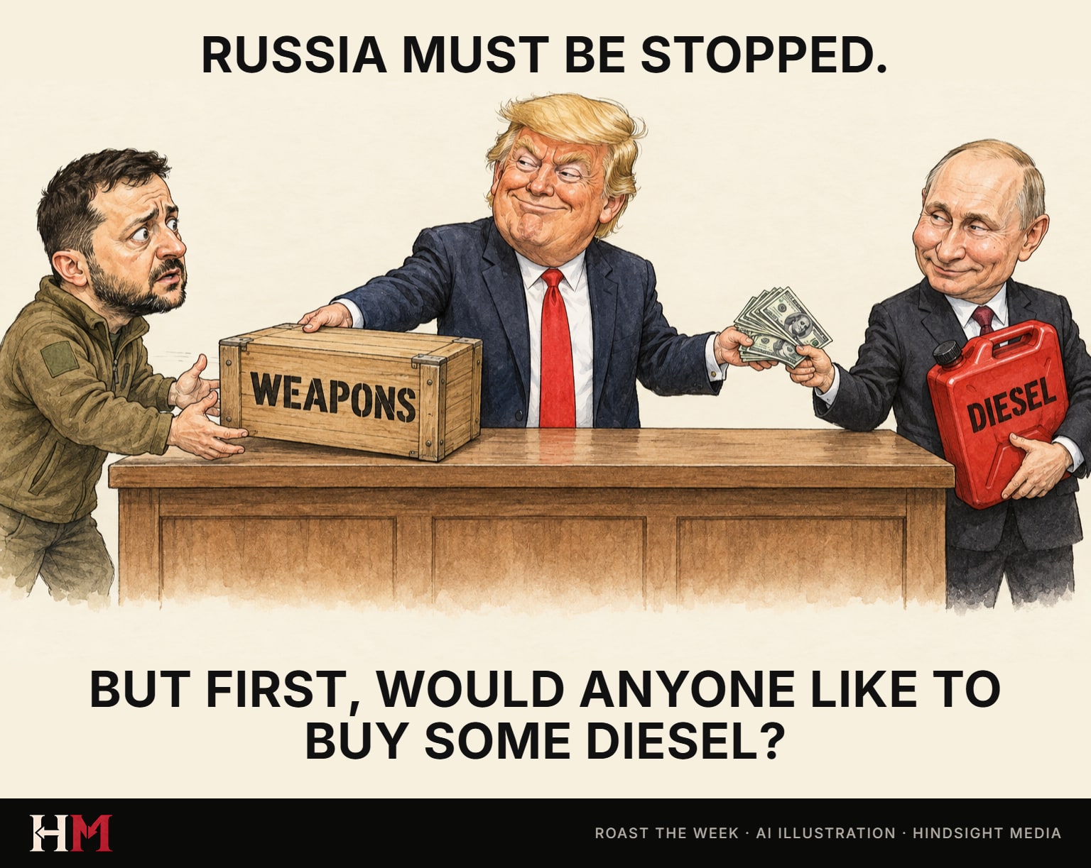 Political cartoon meme captioned 'Russia must be stopped. But first, would anyone like to buy some diesel?': caricatures of Donald Trump sliding a crate labelled WEAPONS to a worried Volodymyr Zelensky while paying a smiling Vladimir Putin for a jerrycan labelled DIESEL.