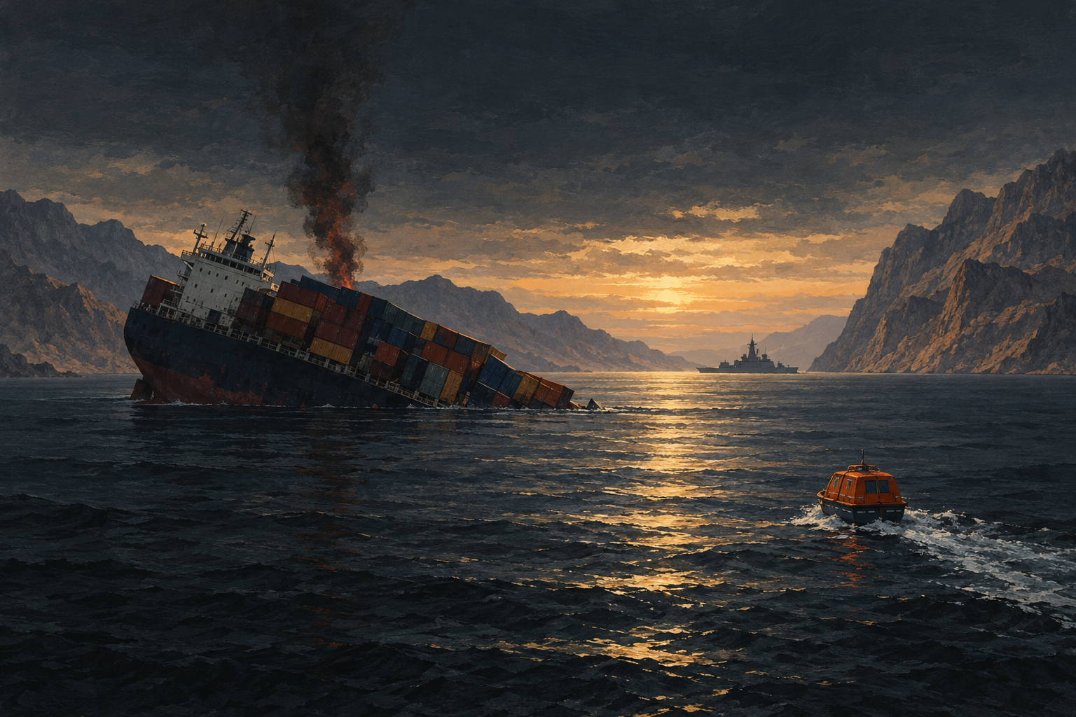 Illustration: a container ship lists and sinks in a narrow strait at dusk as a lifeboat moves away and a warship waits on the horizon.