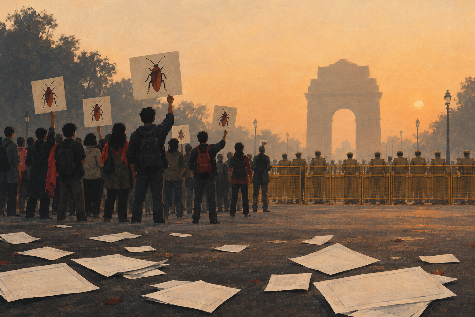 Illustration: young protesters with cockroach placards face police barricades in New Delhi, with India Gate in the haze behind.