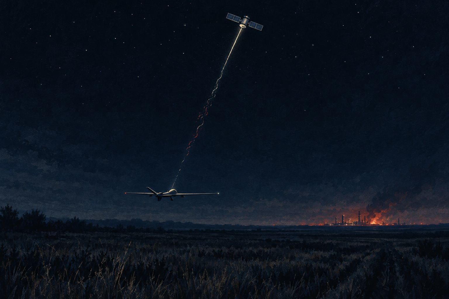 Illustration: a drone flies at night beneath a satellite whose signal frays and fades, with a refinery glowing on the horizon.