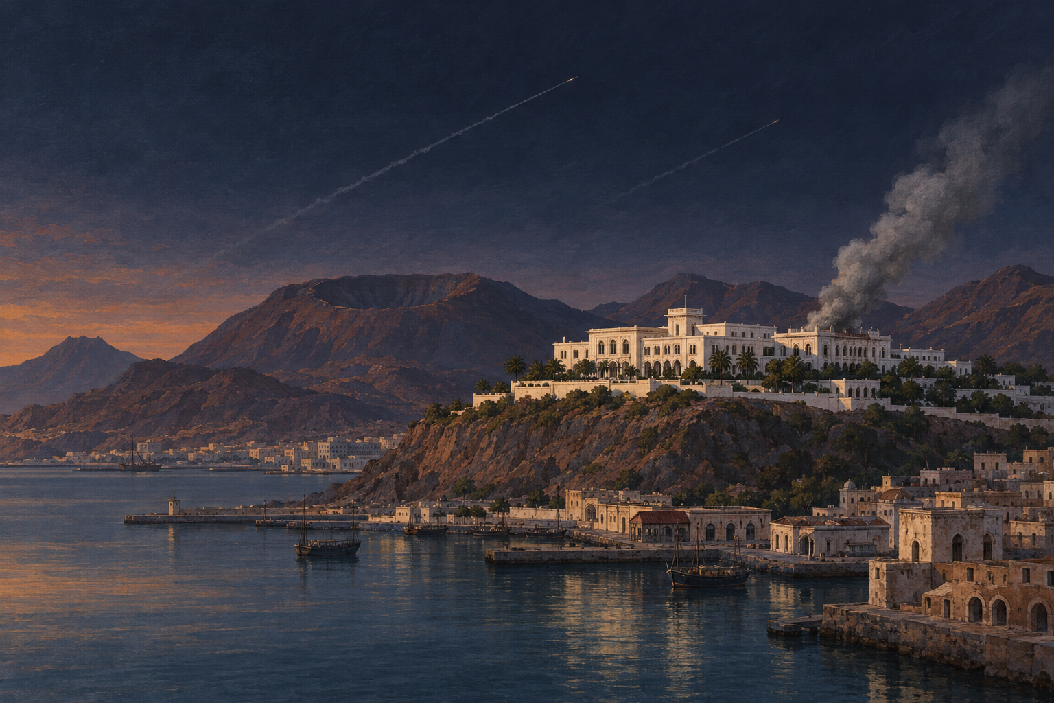 Illustration: smoke rises from a white hilltop palace above Aden's harbour as missile trails cross the evening sky.