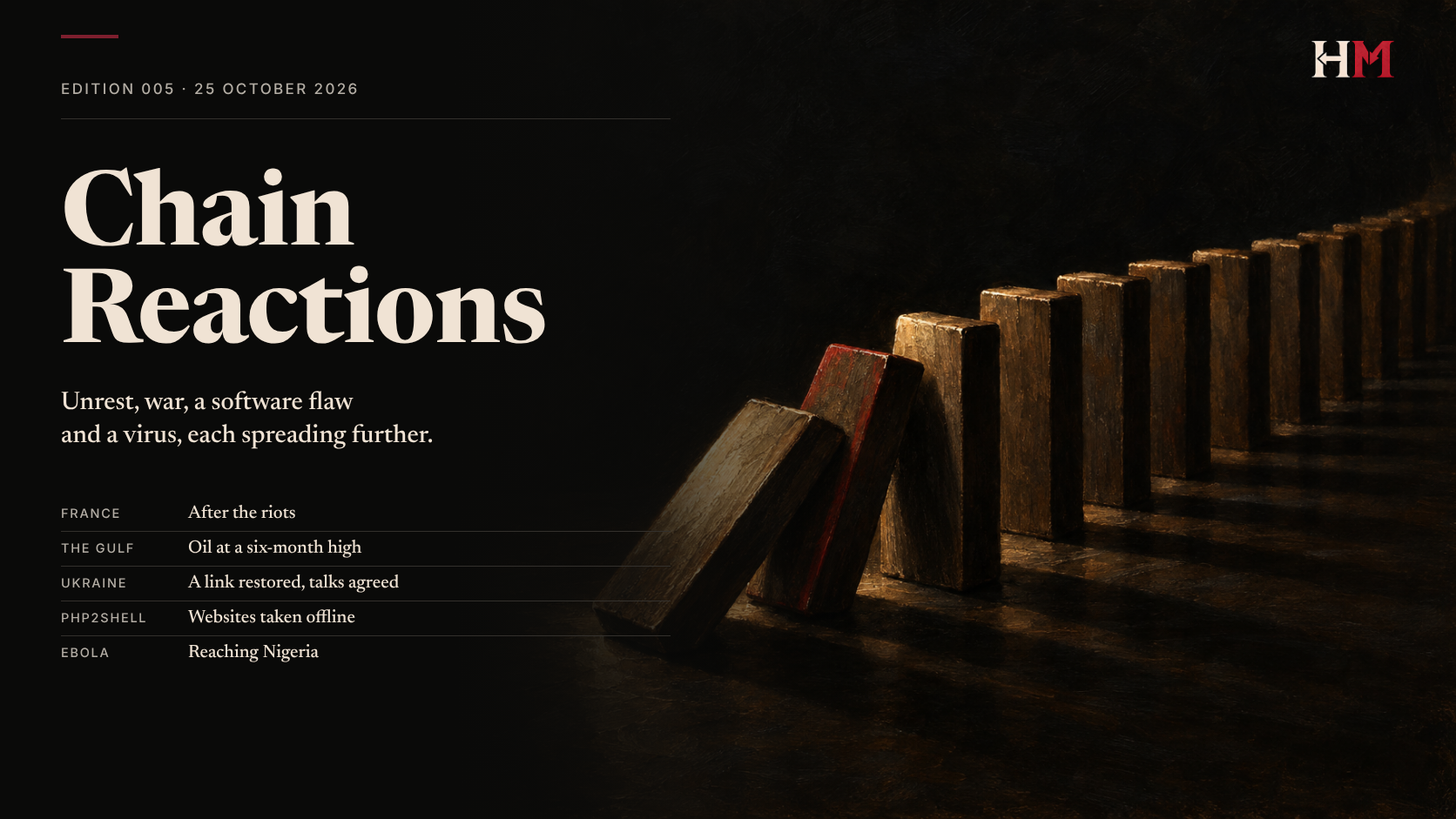 Landscape cover for Hindsight Media Edition 005, Chain Reactions: a painted row of wooden dominoes beginning to fall, one edged in red, beside the title and the five stories.