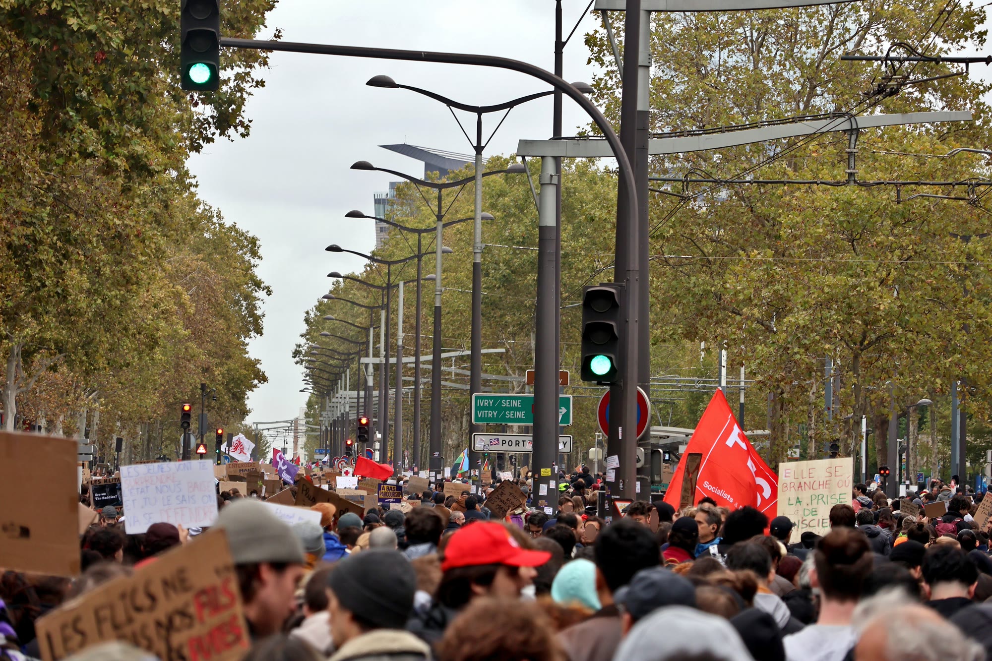 A Paris boulevard filled with marchers on Saturday 24 October 2026, placards and a red flag above the crowd, under plane trees and traffic lights.