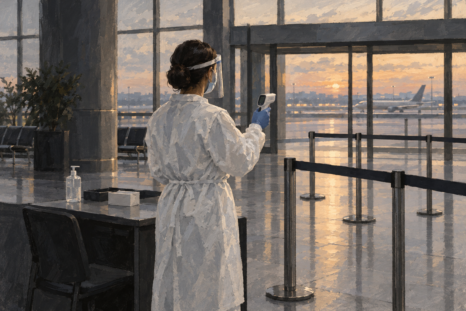 A painted illustration of a health worker in protective clothing at a screening desk in an airport arrivals hall.