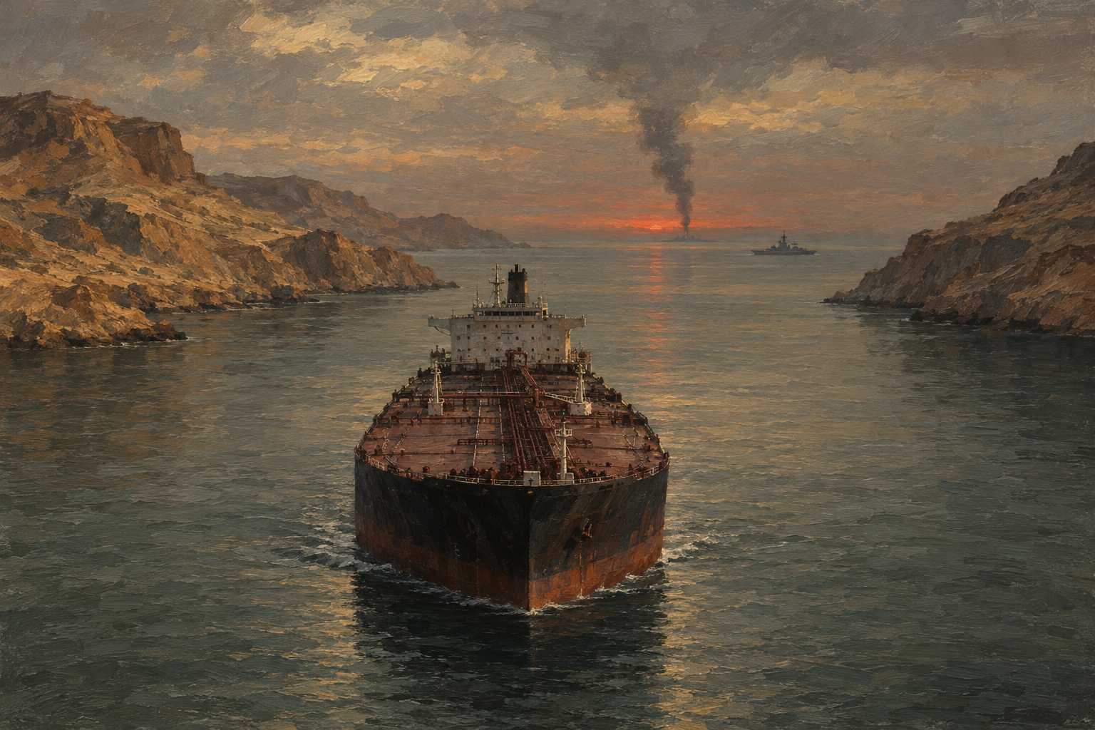 A painted illustration of an oil tanker passing through a narrow strait at dusk, with smoke on the horizon and a distant warship.