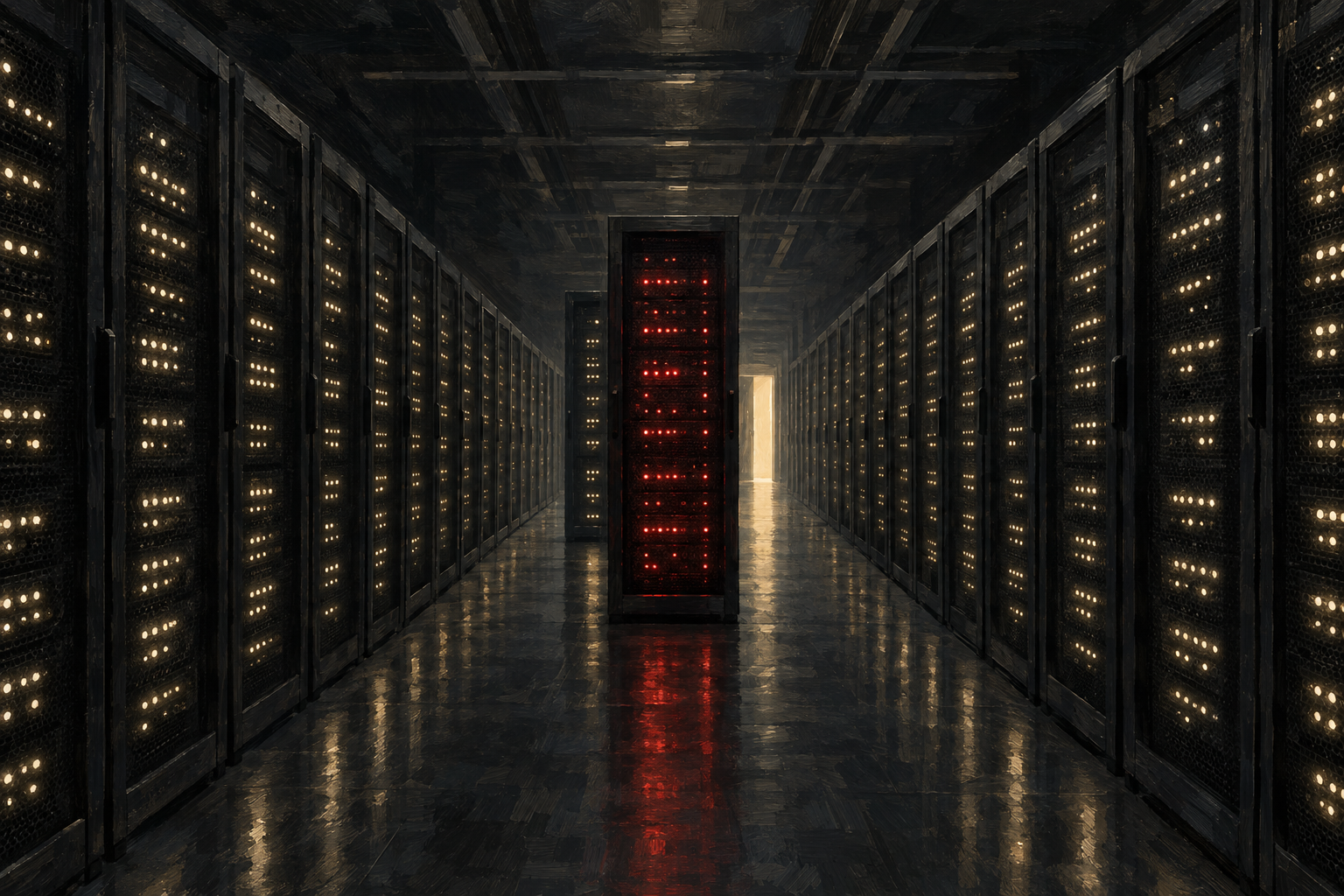 A painted illustration of a dark aisle of server racks, with one rack's lights glowing red.