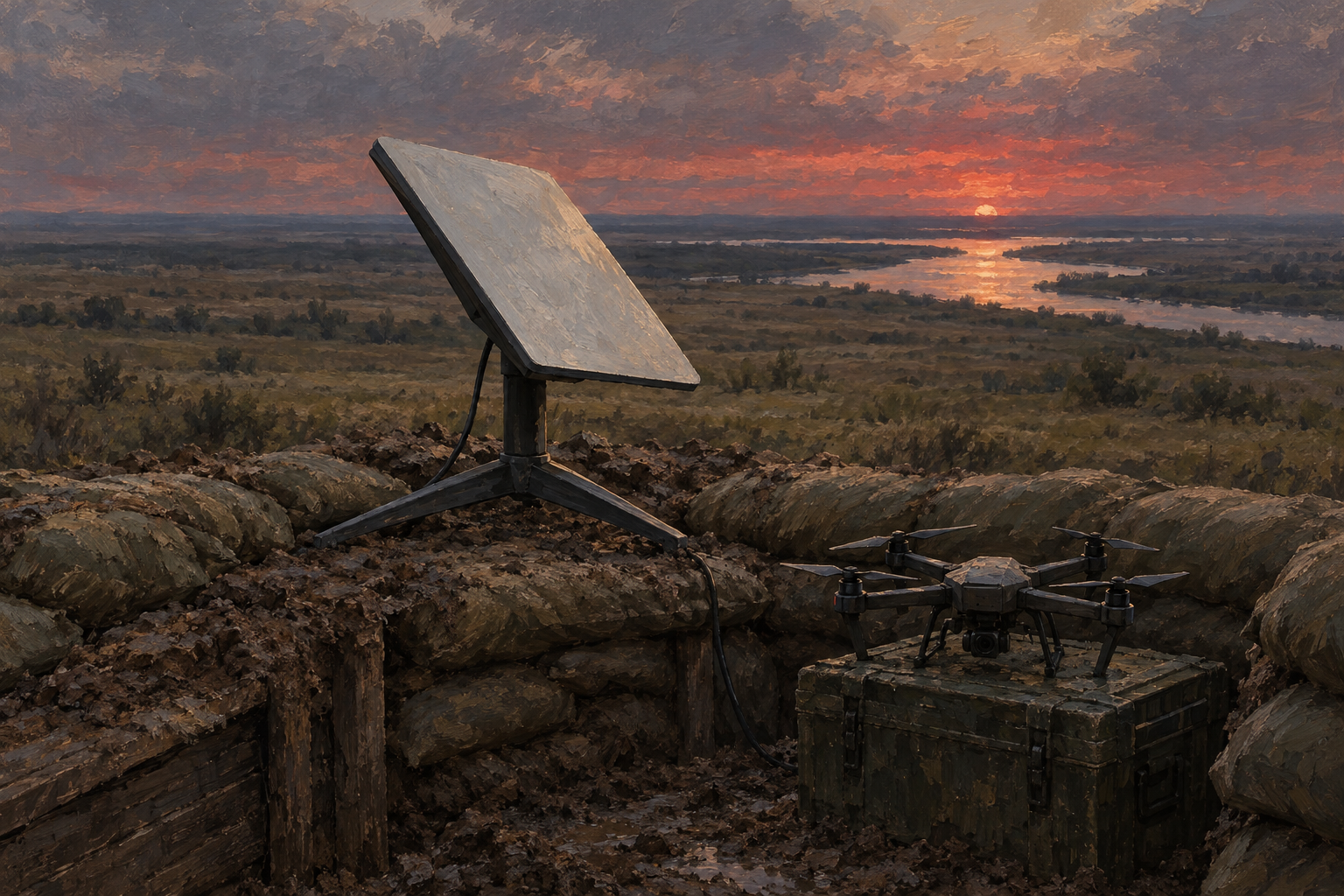A painted illustration of a flat satellite dish on a trench parapet at dusk, with a small drone beside it and a river in the distance.