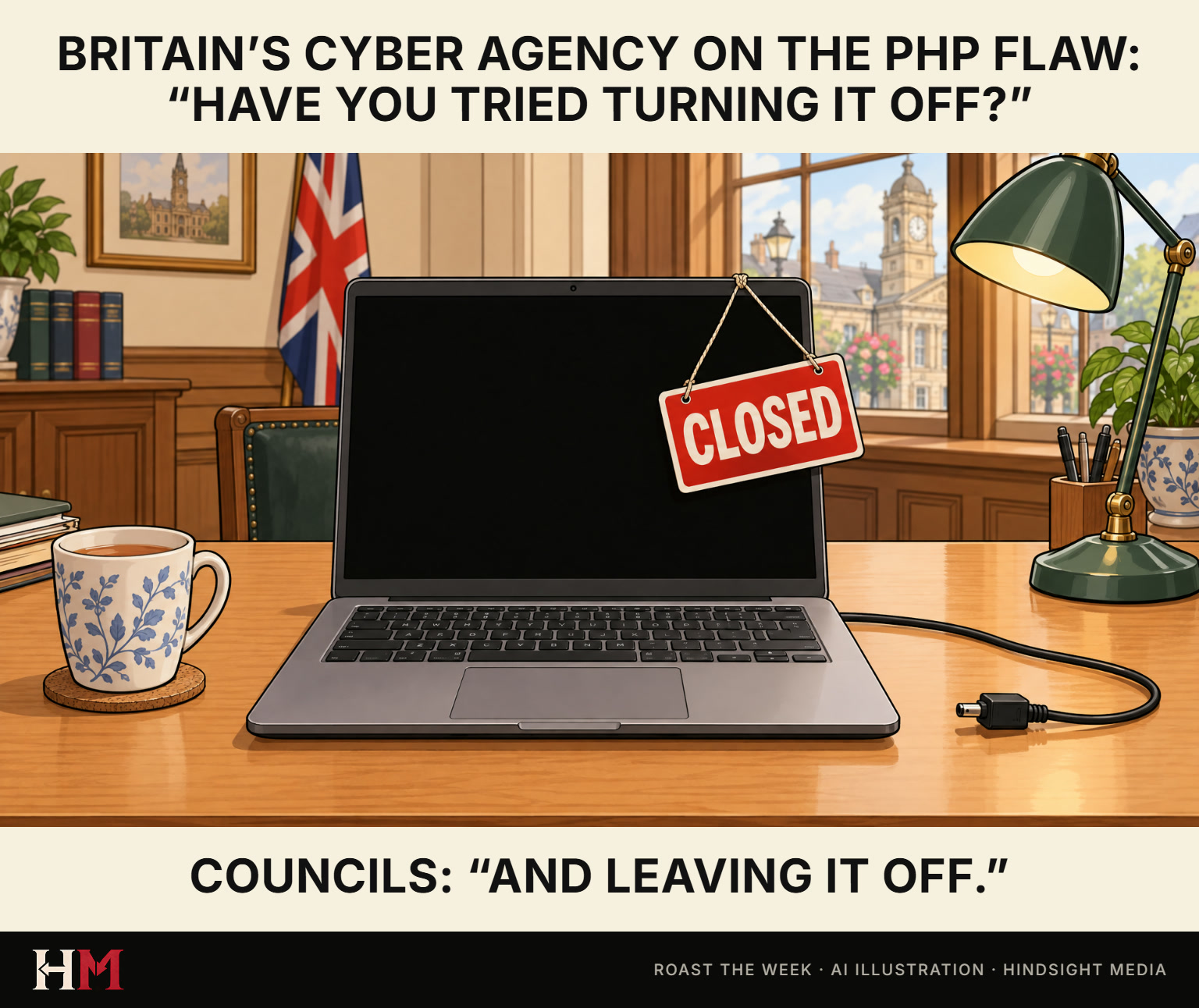 Cartoon: a laptop on a desk in a British town hall, its screen switched off, a red CLOSED sign hanging from it and its power cable unplugged beside a mug of tea. Captions: Britain’s cyber agency on the PHP flaw: “Have you tried turning it off?” Councils: “And leaving it off.”