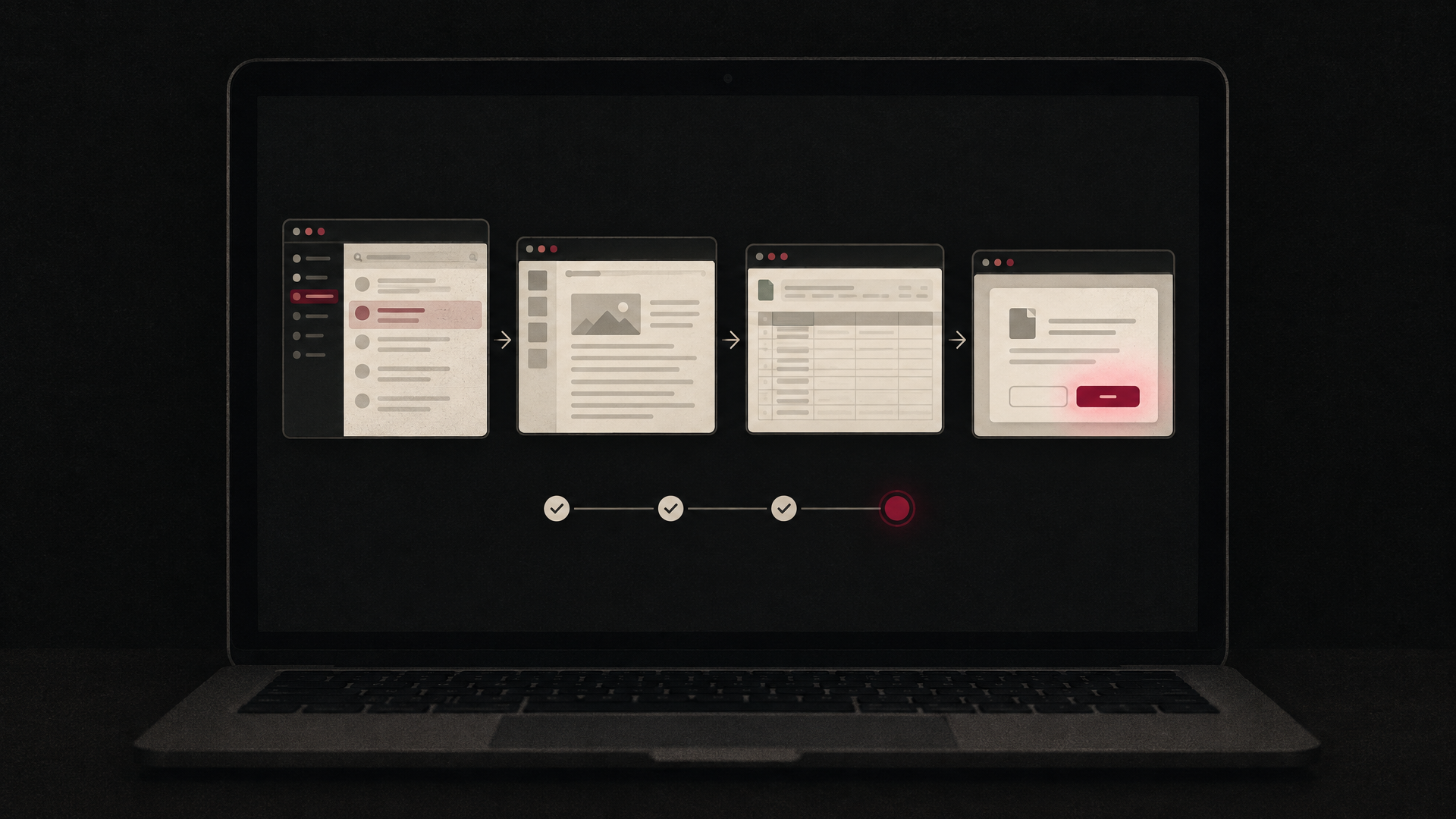 Illustration of an AI assistant working across several application windows, one button waiting for confirmation