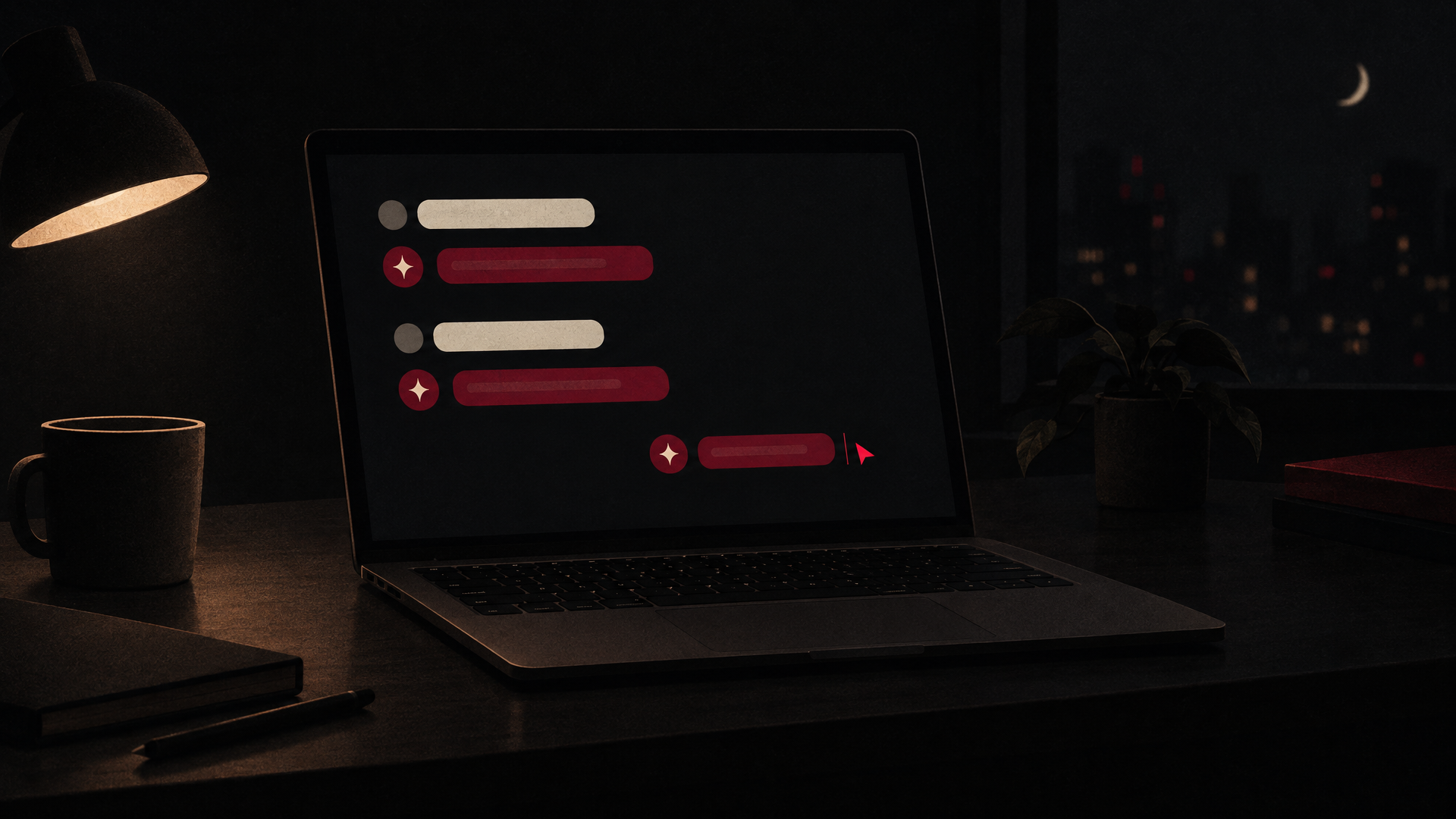 Illustration of a laptop on a dark desk showing a conversation with an AI assistant