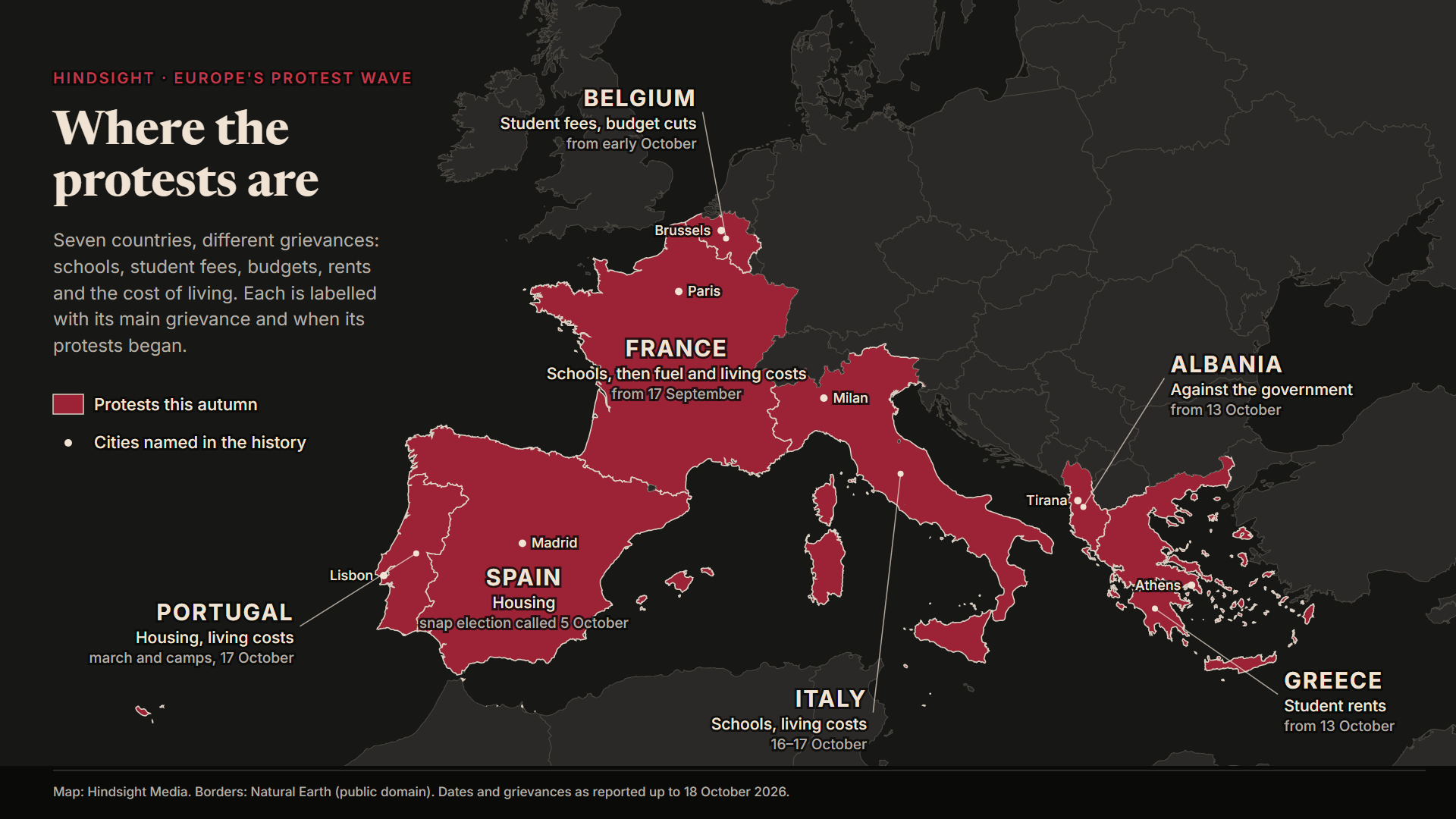 Map of Europe with seven countries shaded. France, schools, then fuel and living costs, from 17 September. Belgium, student fees and budget cuts, from early October. Spain, housing, snap election called 5 October. Portugal, housing and living costs, march and camps on 17 October. Italy, schools and living costs, 16 and 17 October. Greece, student rents, from 13 October. Albania, against the government, from 13 October. Paris, Brussels, Madrid, Lisbon, Milan, Athens and Tirana are marked.