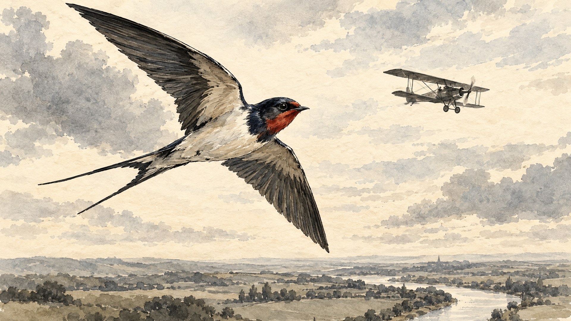 Illustration of a swallow in flight in the foreground and an early propeller aeroplane further off in the same sky