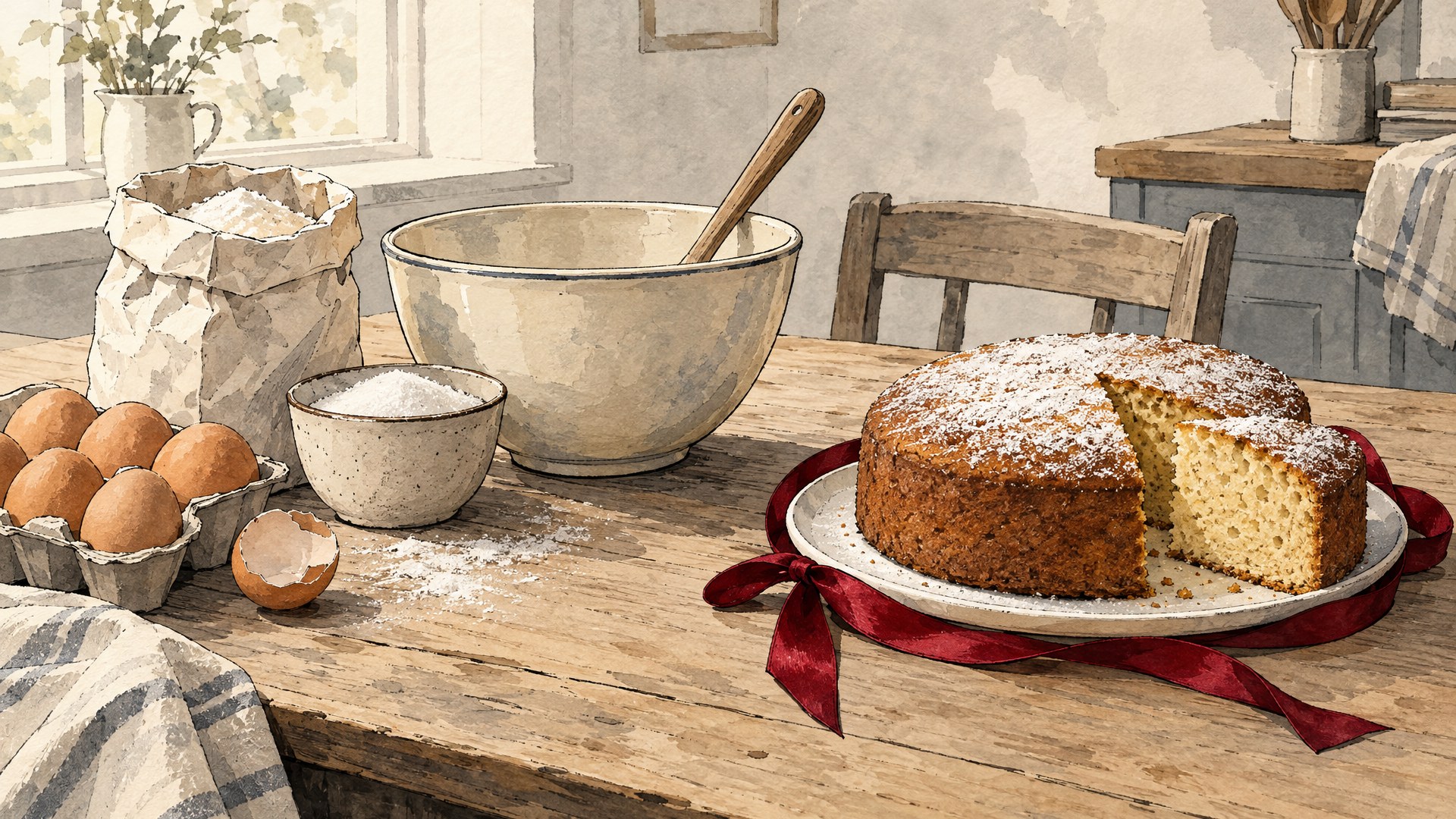 Illustration of a kitchen table with eggs, flour and sugar beside a mixing bowl on one side and a baked cake with a slice cut on the other