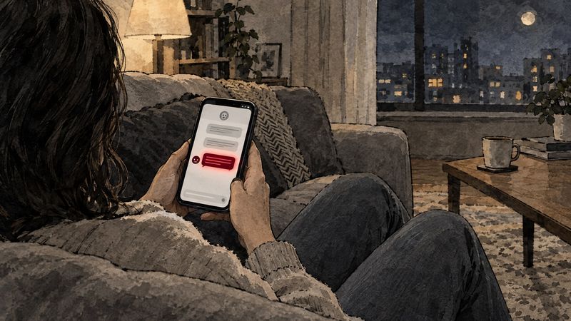 Illustration of a person on a sofa at night reading an AI assistant's reply on their phone