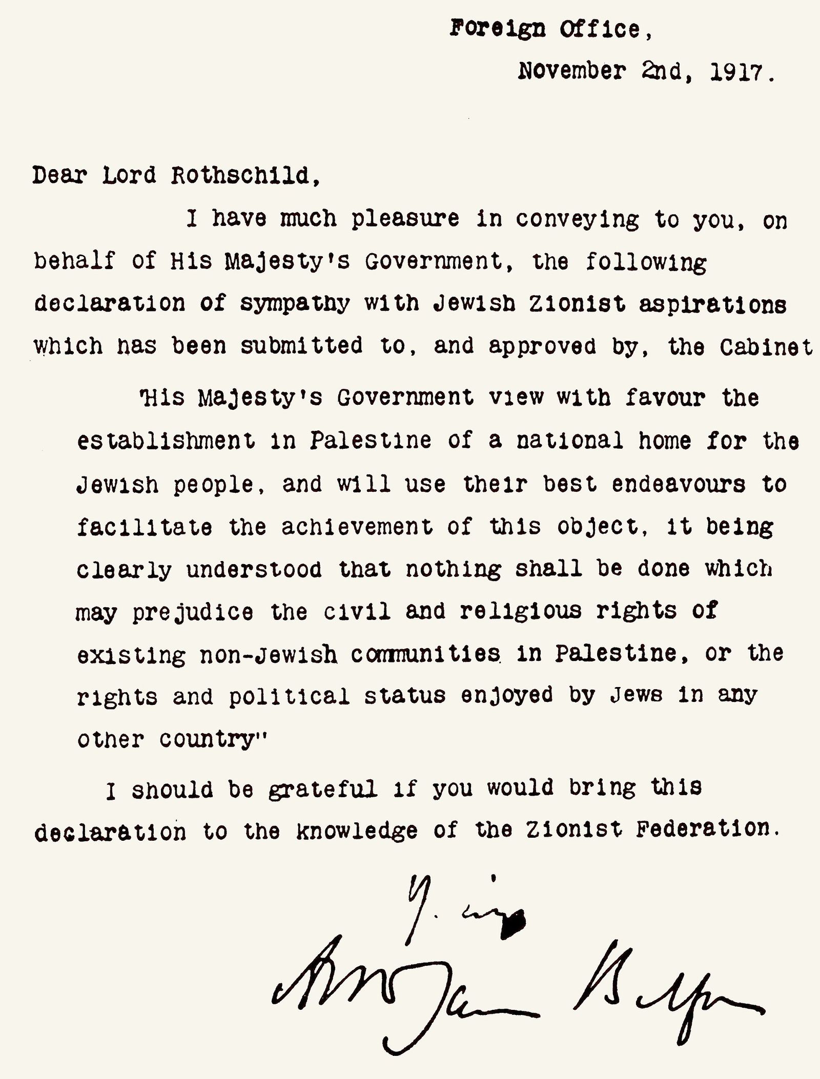 The typed letter of the Balfour Declaration, signed by Arthur Balfour