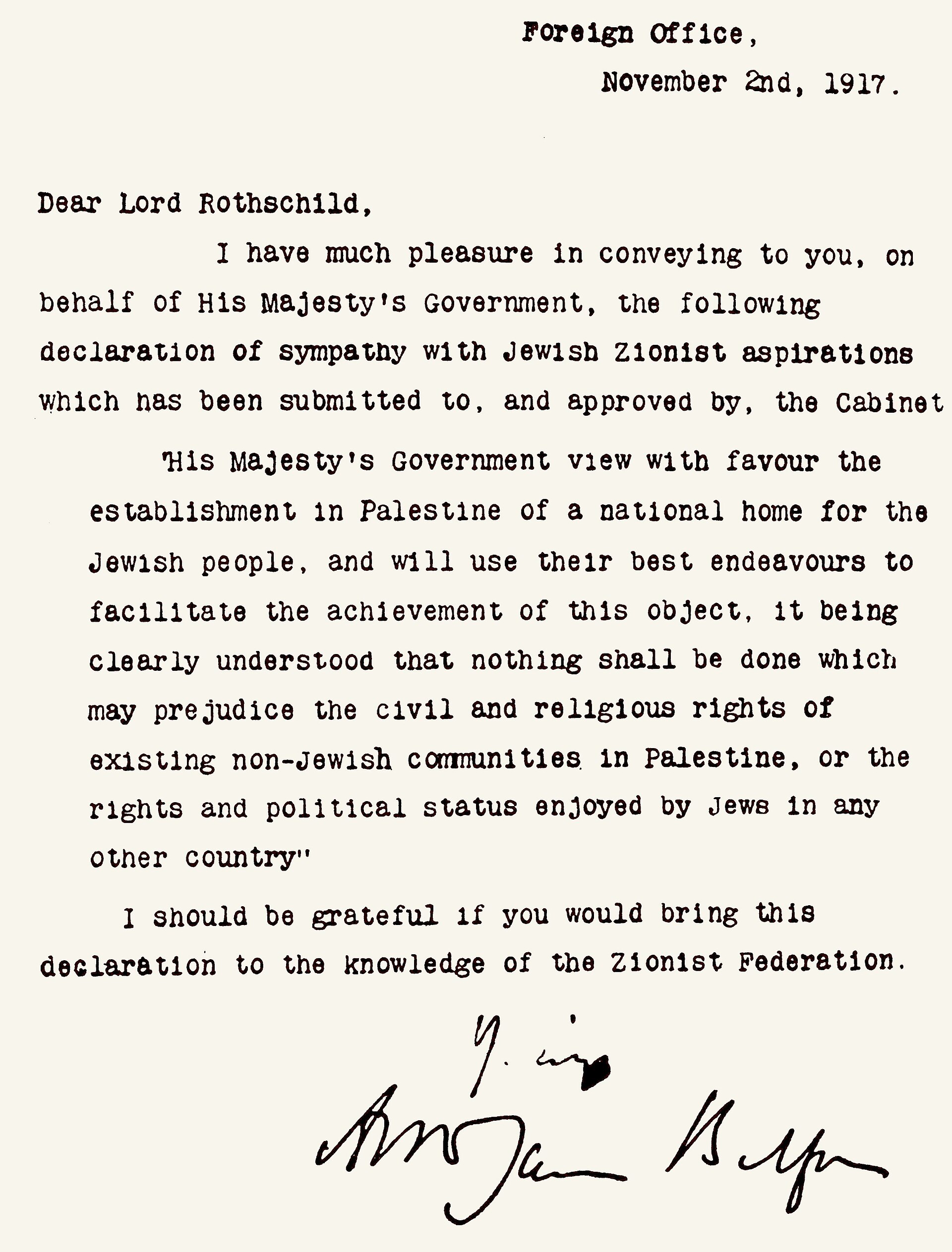 The typed letter of the Balfour Declaration, signed by Arthur Balfour