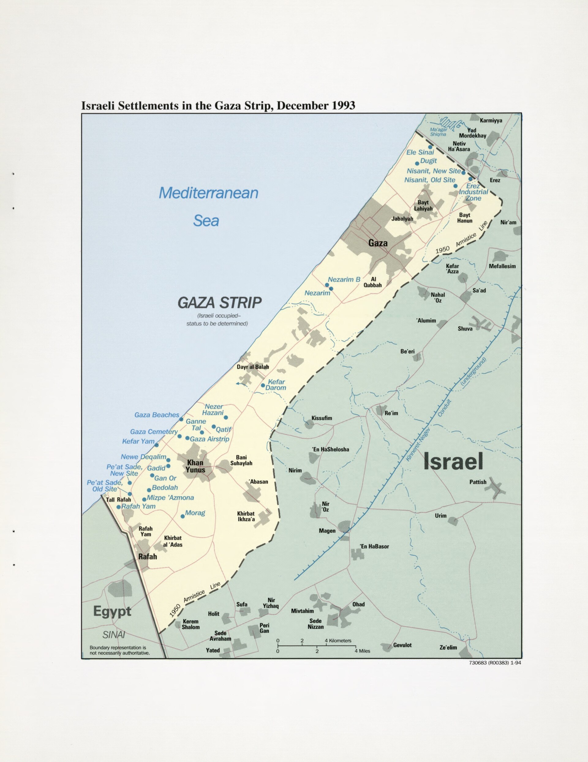 A map of the Gaza Strip marking Israeli settlements, towns and the 1950 armistice line