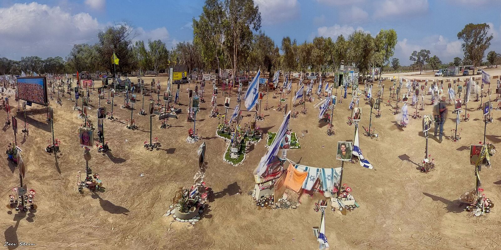 A field of posts bearing photographs of people, flags and flowers among eucalyptus trees
