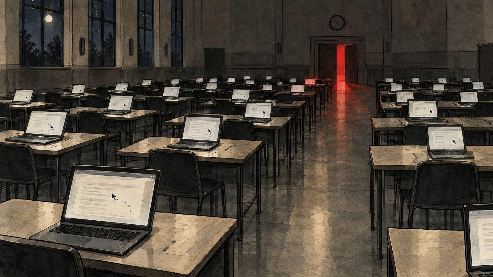 Illustration: an empty exam hall at night, every desk holding a laptop working on its own, with crimson light spilling through an open door at the back