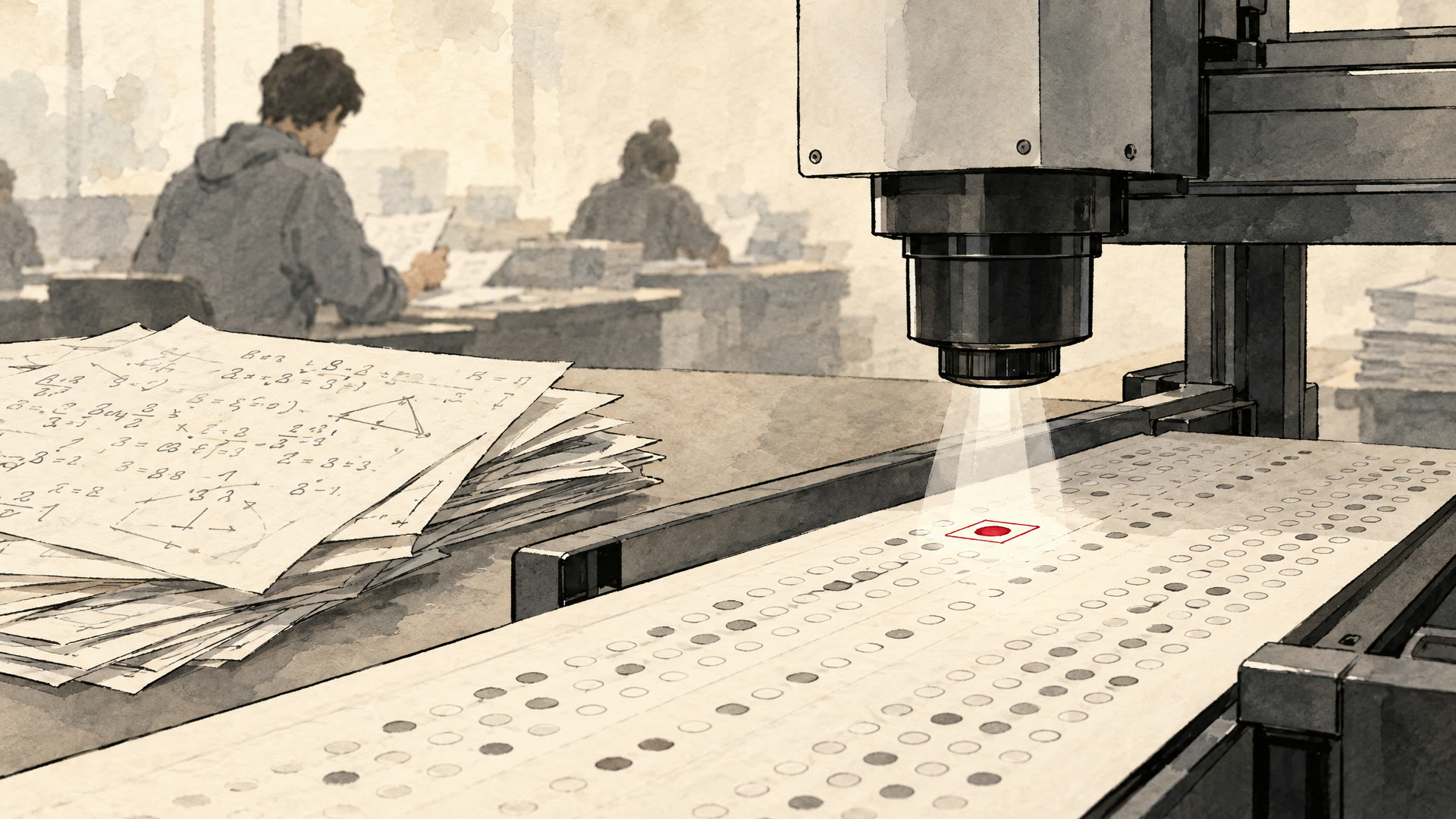 Illustration: a machine marking exam answer sheets, looking only at the answer box while pages of working lie unread beside it