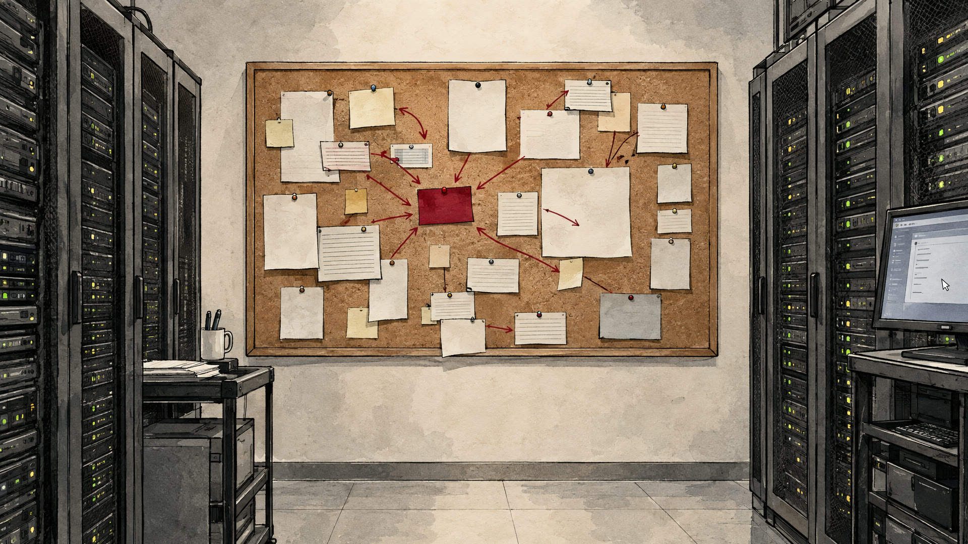 Illustration: a noticeboard covered in pinned paper notes joined by crimson thread, between rows of computer servers