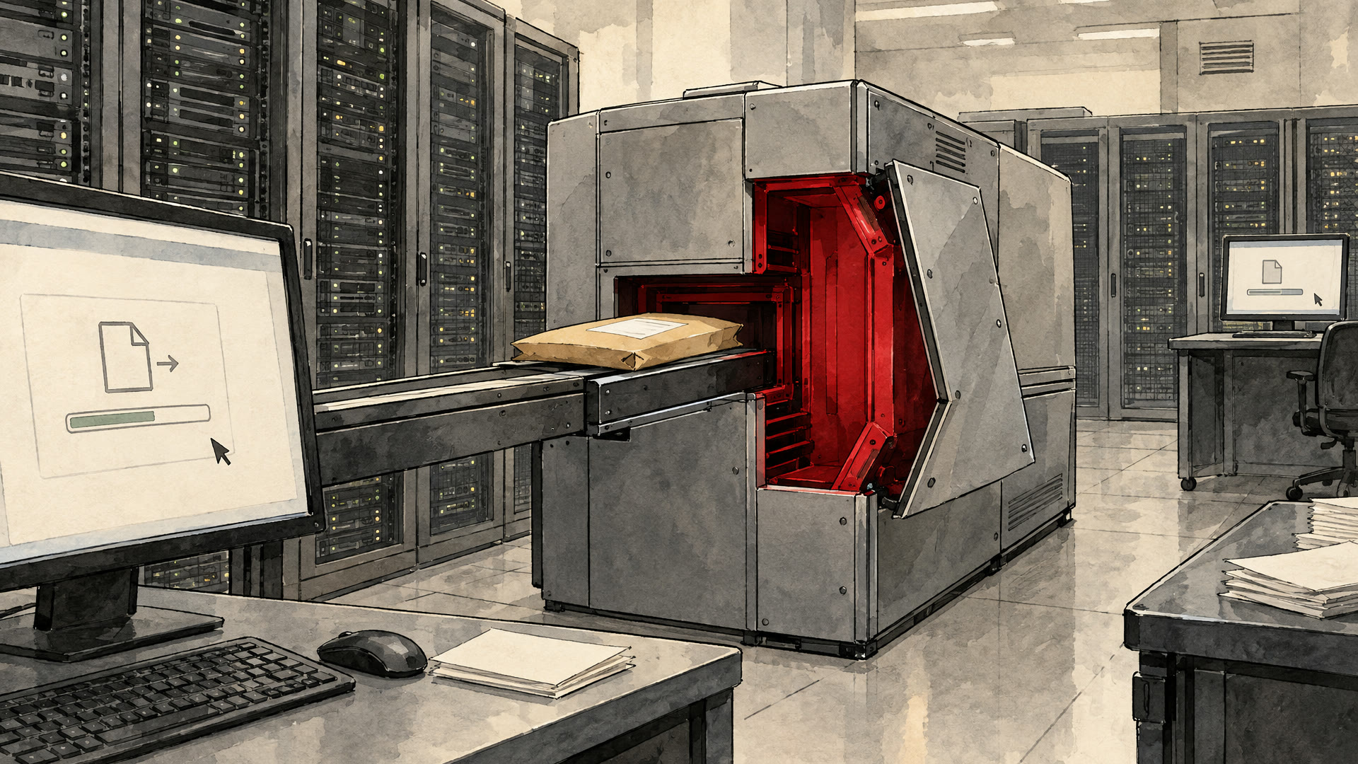 Illustration: a data file, drawn as a parcel, fed into a machine in a server room whose panel springs open in crimson