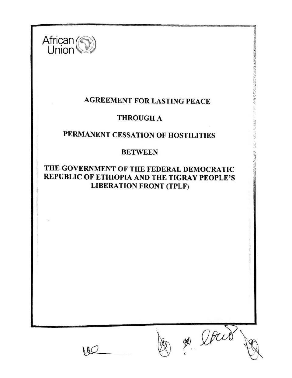 The typed title page of the Agreement for Lasting Peace through a Permanent Cessation of Hostilities, with initials at the foot