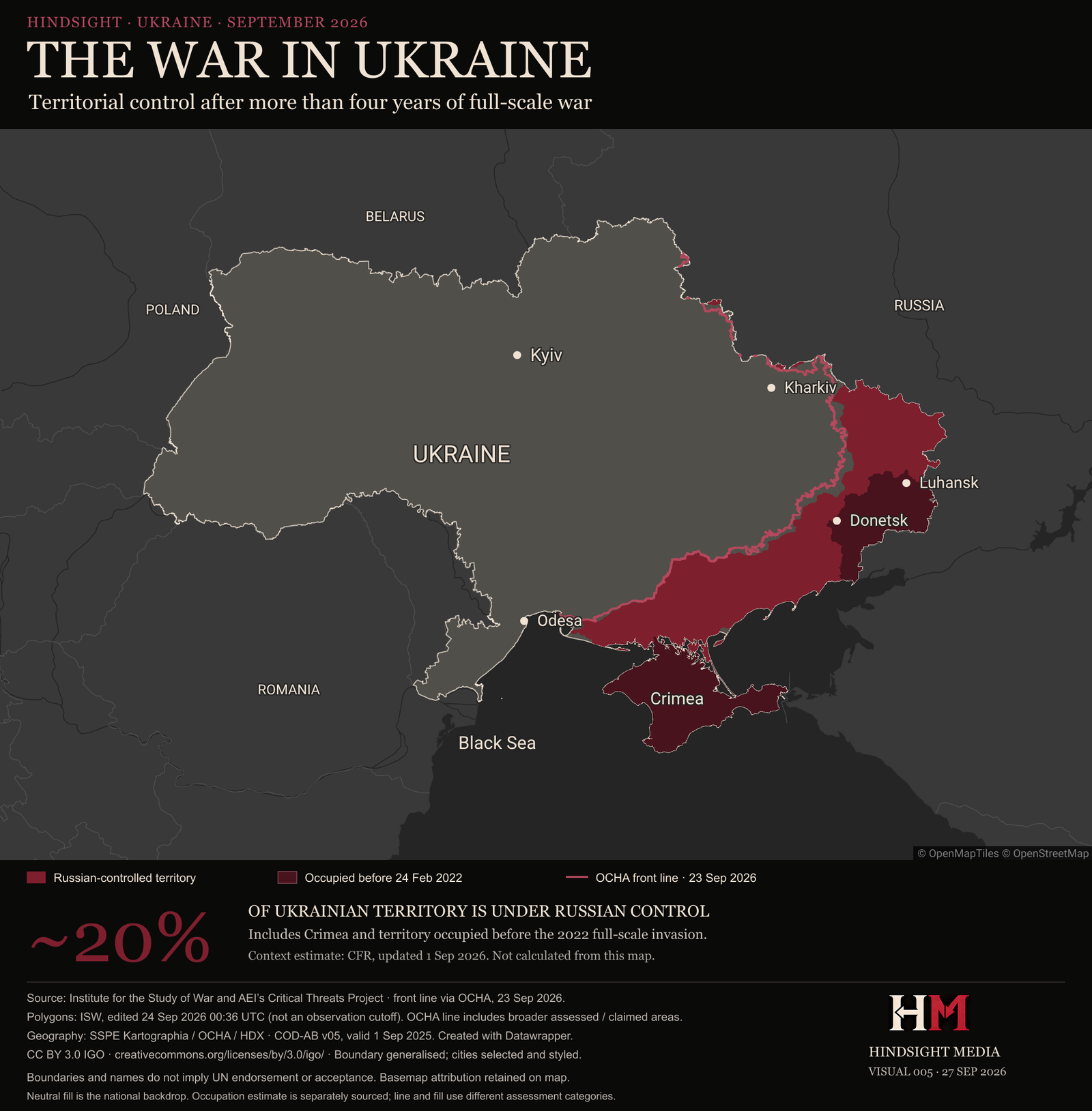 Map of Ukraine showing Russian-controlled territory in the east and south, including Crimea and the areas occupied before 24 February 2022, with the OCHA front line as of 23 September 2026. About 20% of Ukrainian territory is under Russian control (CFR estimate, 1 September 2026).