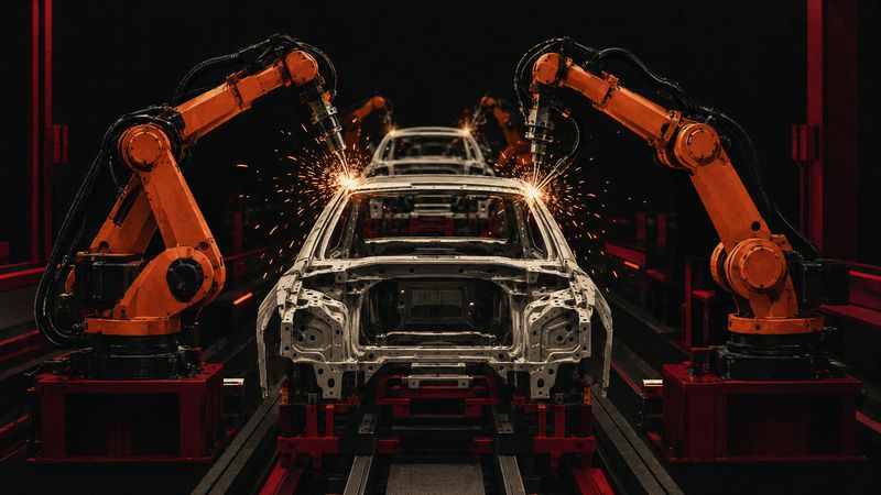 Illustration of orange robot arms welding car bodies on an automated assembly line, with sparks and no people