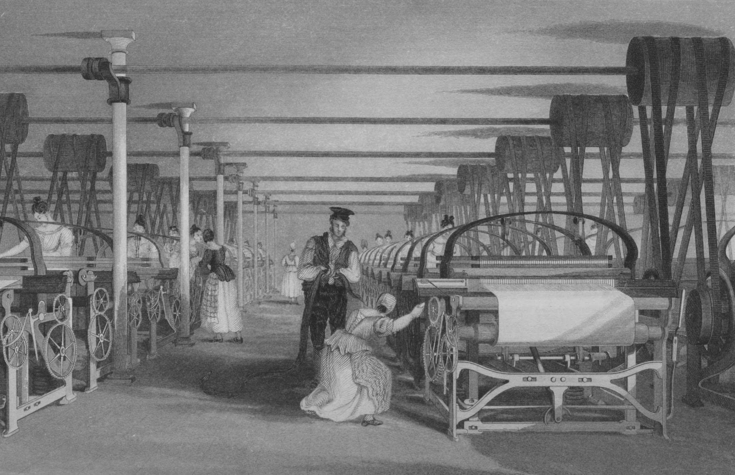 A power-loom weaving shed in 1835: rows of looms driven by overhead belts, with women and children tending them and a supervisor watching.
