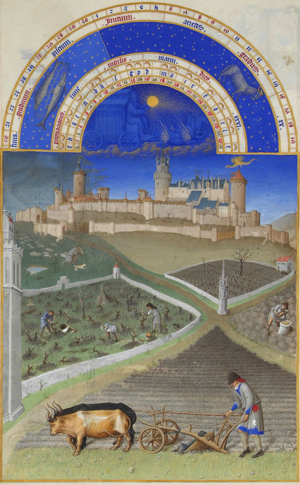 A medieval calendar painting for March: peasants plough and prune vines in small fields below a white castle.